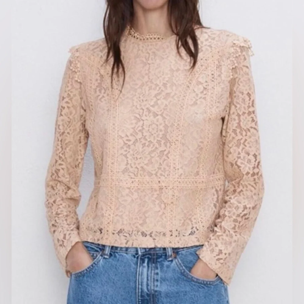 Delicate Lace Crewneck Blouse - Blush , Zara